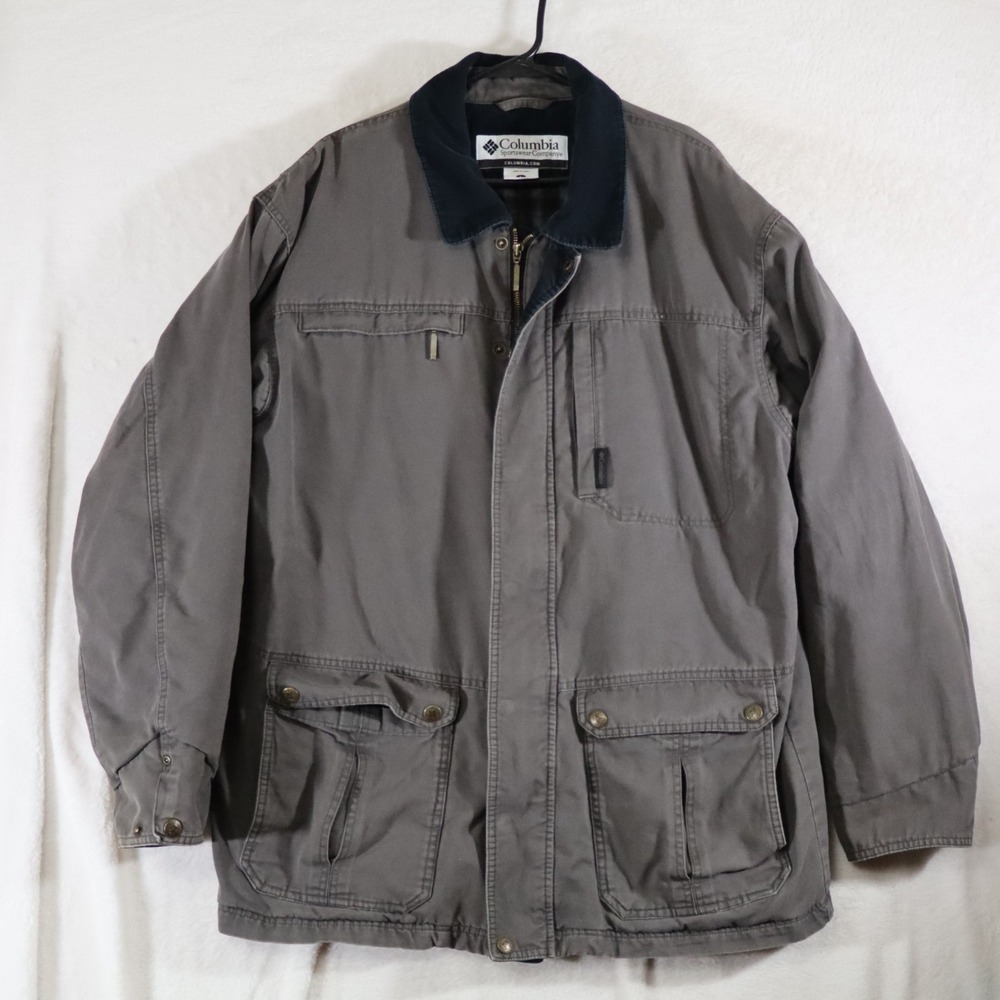Columbia Men's L Gray Jacket Corduroy Collar Multi Pocket Zip Front Outdoor Work